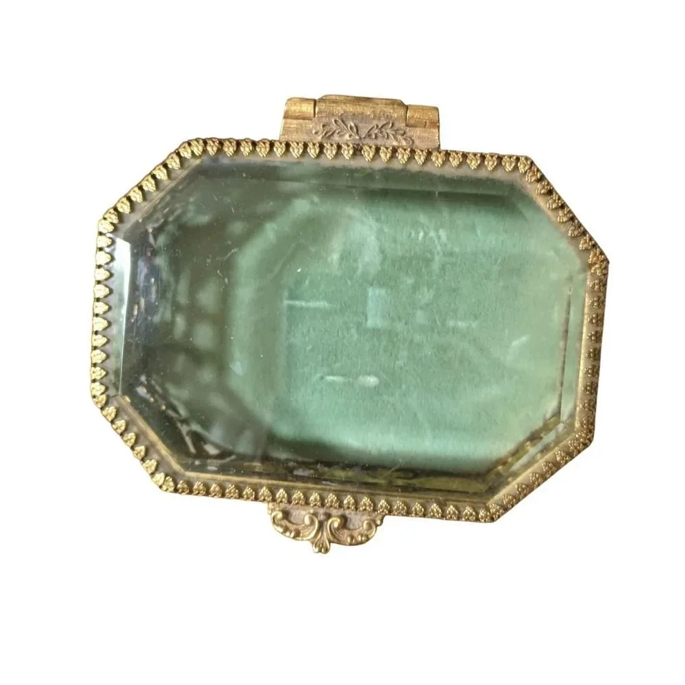 French 1920s filigree  brass & glass casket Ormolu gilt jewelry box EXCELLENT!